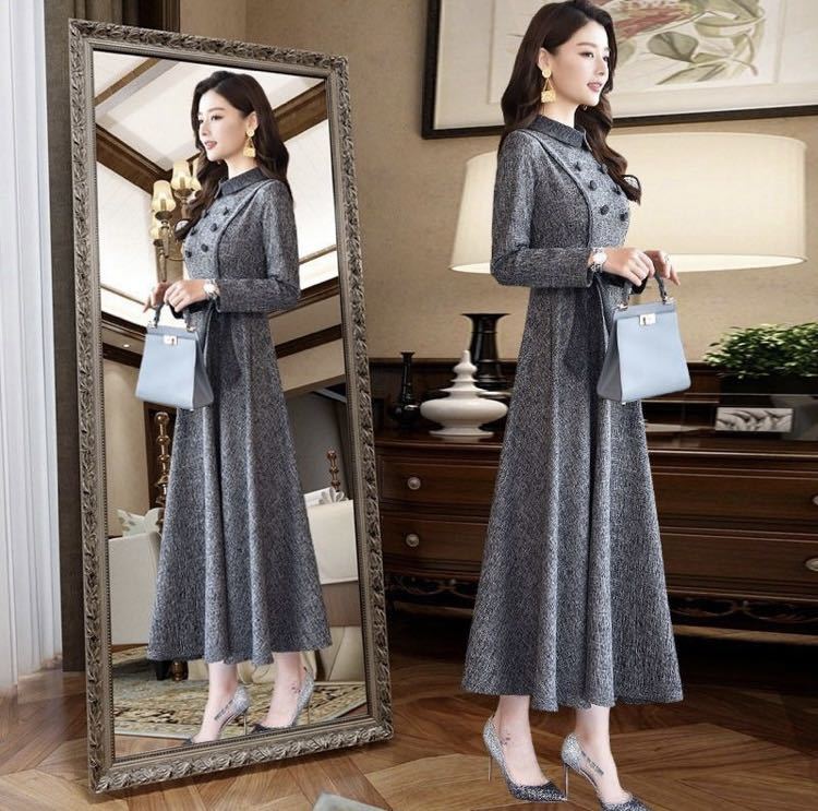 サイズ：M 歐米の灰色の長袖の大きい振り子のワンピース2022春秋の新型の婦人服の英倫の復古の2列のボタンのフランス式の長いスカート_画像1