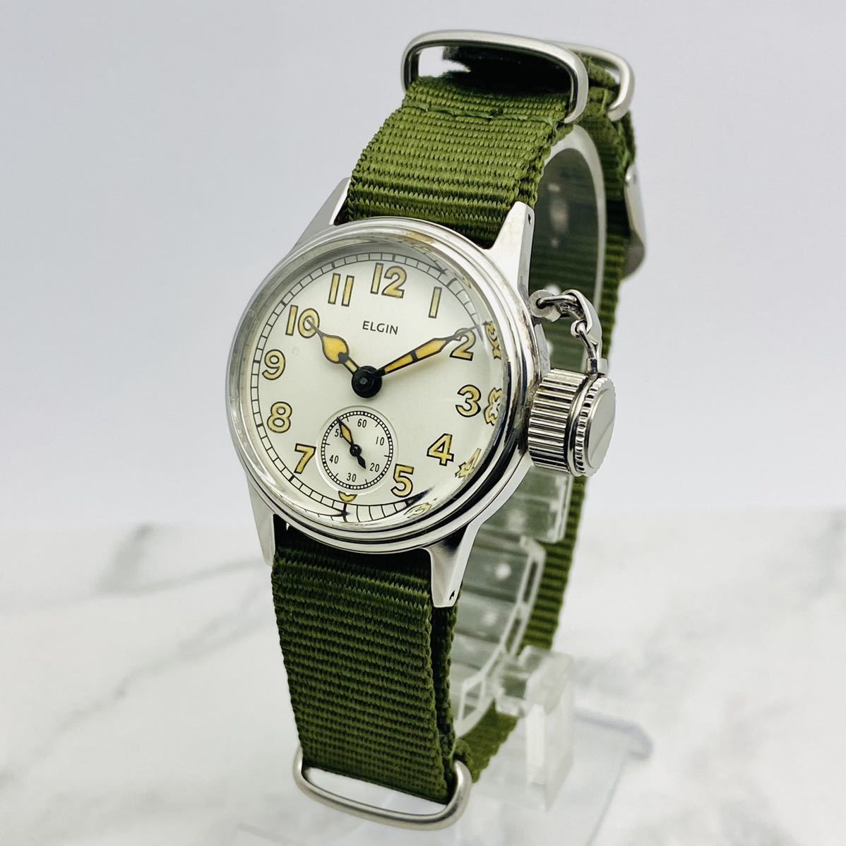 【美品 OH済】ELGIN エルジン フロッグマン 復刻 WW2 USN BUSHIPS 手巻き ミリタリーウォッチ 軍用/希少/メンズ 腕時計/白/キャンティーン