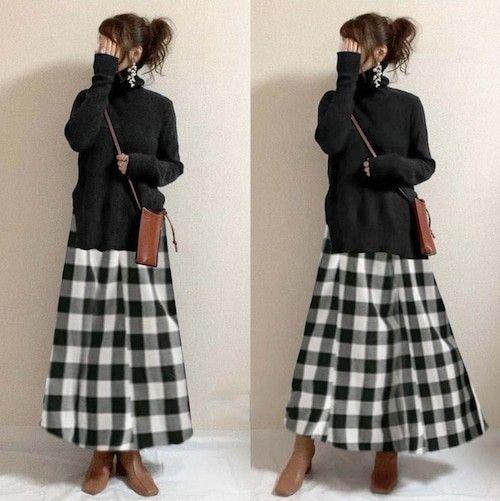  knitted One-piece do King wa piece black check Maxi-length dress 