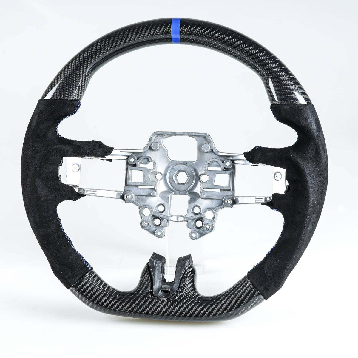 フォード用 マスタング 後期用 2019-2022 D型 ステアリング ホイール ハンドル カーボン×本革スエード×ブルー輪デザイン YSW-50297
