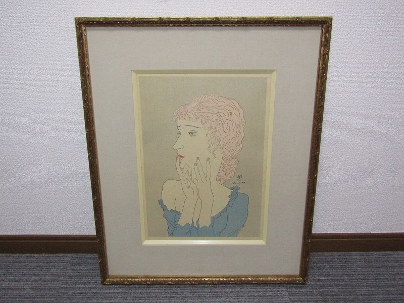 LL18-3906[SAN]【真作】藤田嗣治 木版画「金髪の女」額装 サイン入り レオナール・フジタ_画像1