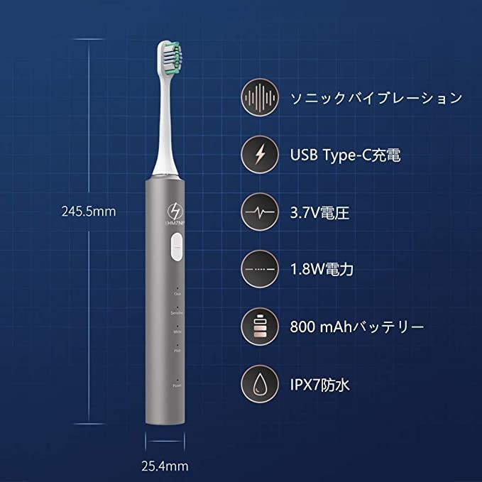 電動歯ブラシ IPX7防水  USB TYPE-C 充電 (替えブラシ2本)
