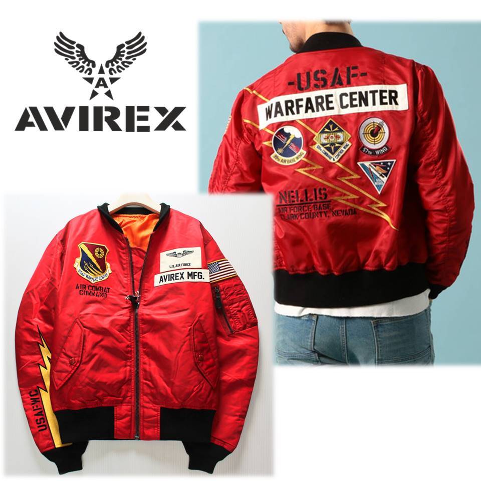 《AVIREX アヴィレックス》新品 豪華ワッペン USAF WARFARE CENTER イナズマ刺繍 LIGHT MA-1 ライトニングジャケット ブルゾン L A5180