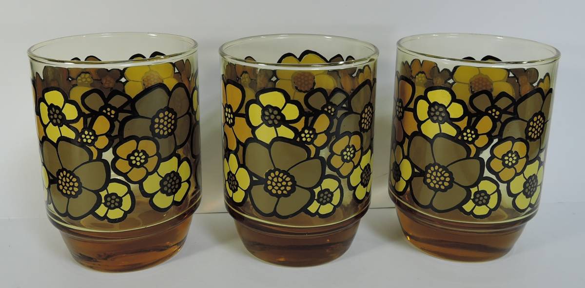 *10G Showa Retro # amber / amber color glass made floral print a bit largish .gala spade / glass / tumbler 3 piece #USED
