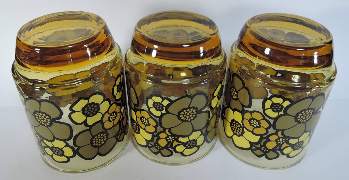 *10G Showa Retro # amber / amber color glass made floral print a bit largish .gala spade / glass / tumbler 3 piece #USED