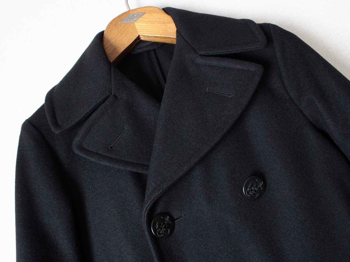  Britain made [ GloverAllg Rover all ] melt n wool double pea coat XS/ slim anchor button black ENGLAND UK