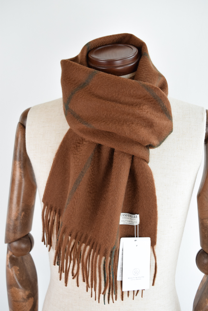 新品 BEAUTY&YOUTH UNITED ARROWS カシミア100% CASHMERE カシミヤ マフラー FREE ストール ブラウン
