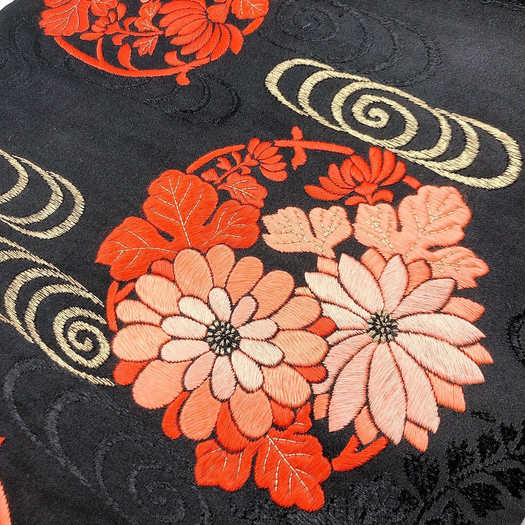 大特価 高級 帯 名古屋帯 牡丹 菊 花 呉服店 黒系 №1