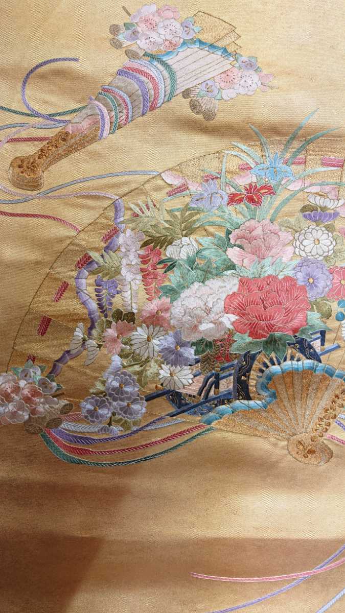 新品 袋帯 136 蘇州刺繍 花車檜扇文様 金箔 丸巻き 未仕立 未使用 留袖 色留袖 振袖 訪問着 附下げ 無地等の着物 正絹 送料無料 レンタル_画像4