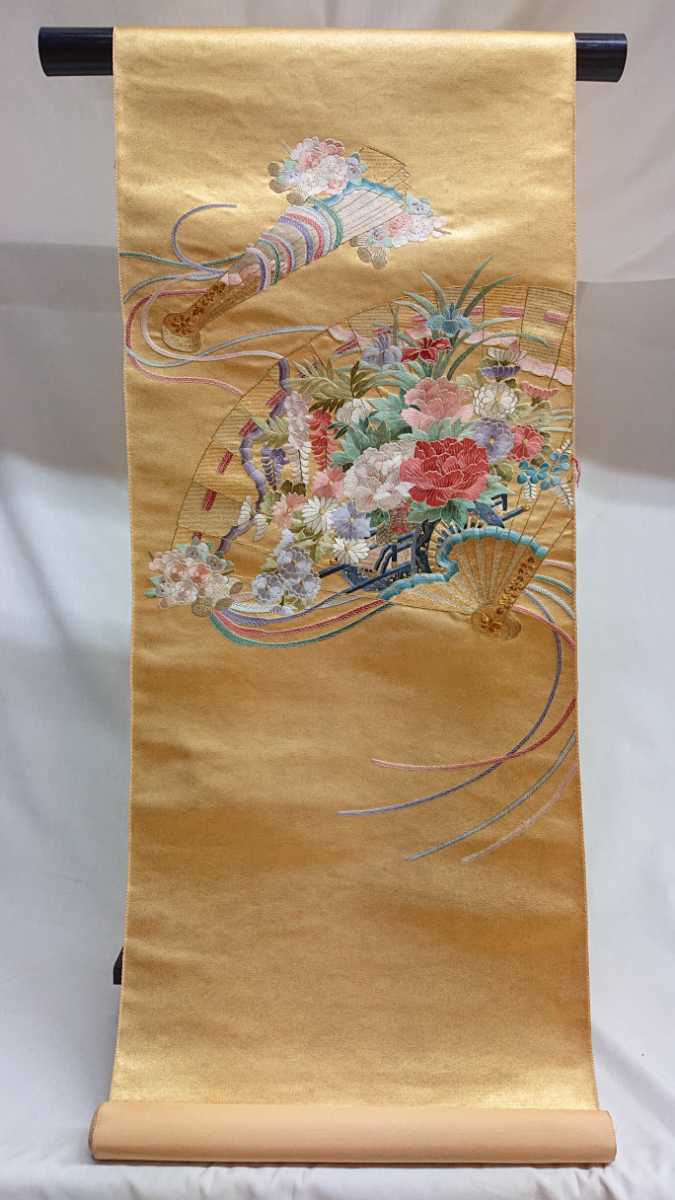 新品 袋帯 136 蘇州刺繍 花車檜扇文様 金箔 丸巻き 未仕立 未使用 留袖 色留袖 振袖 訪問着 附下げ 無地等の着物 正絹 送料無料 レンタル_画像1