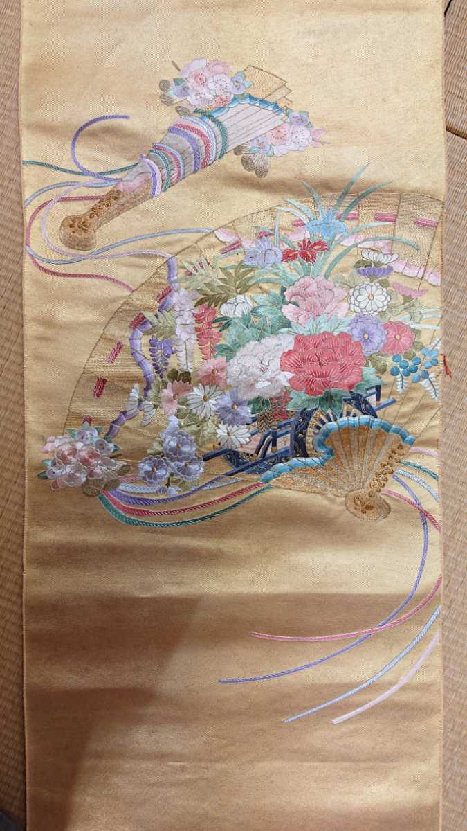 新品 袋帯 136 蘇州刺繍 花車檜扇文様 金箔 丸巻き 未仕立 未使用 留袖 色留袖 振袖 訪問着 附下げ 無地等の着物 正絹 送料無料 レンタル_画像8