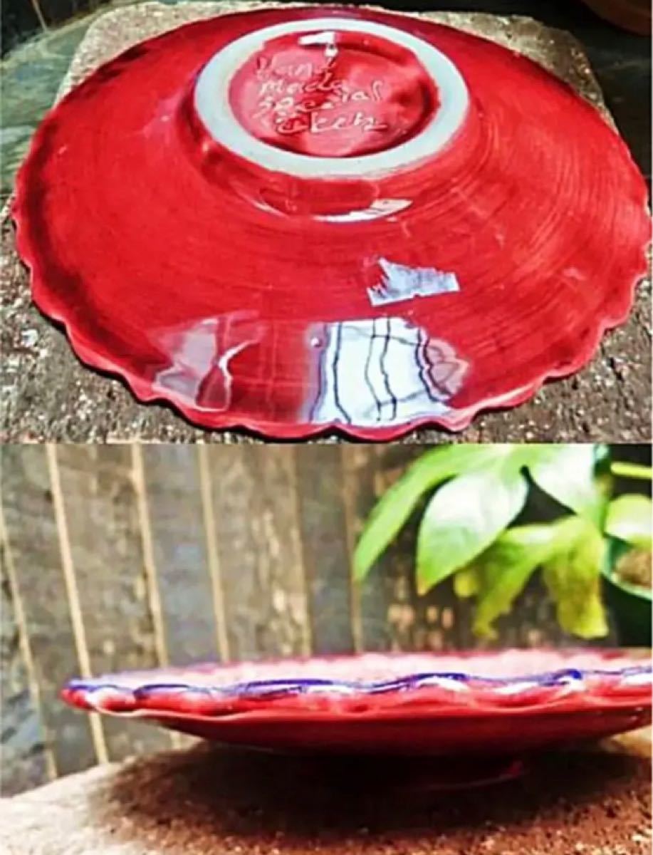 18cm☆新品☆【トルコ陶器】手描き 皿 ＊赤＊ 壁掛け キュタフヤ陶器