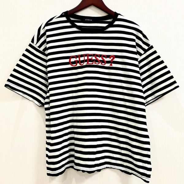 GUESS ゲス メンズ 半袖 Tシャツ カットソー モノクロ ストライプ ブラック 黒 ホワイト 白 ボーダー Mサイズ アメカジ 古着 コットン