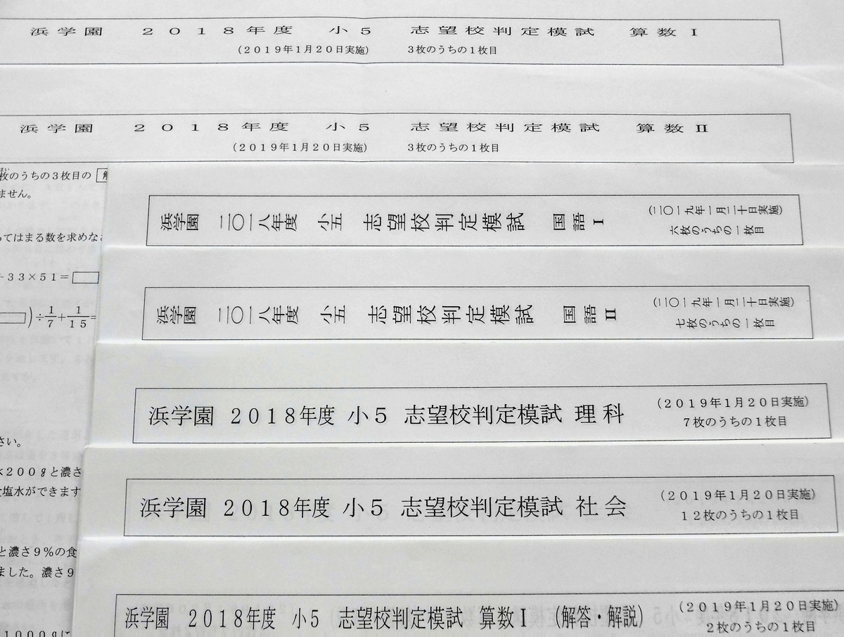 浜学園 小5 志望校判定模試 4科 成績資料 国語Ⅰ・Ⅱ算数Ⅰ・Ⅱ理科 社会 2019年1月 2018年度