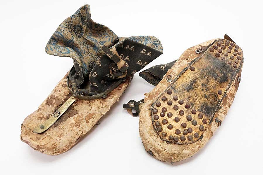  large rare article shoes reverse side iron tack . wool leather shoes armour elmet of armor armor large name tool 