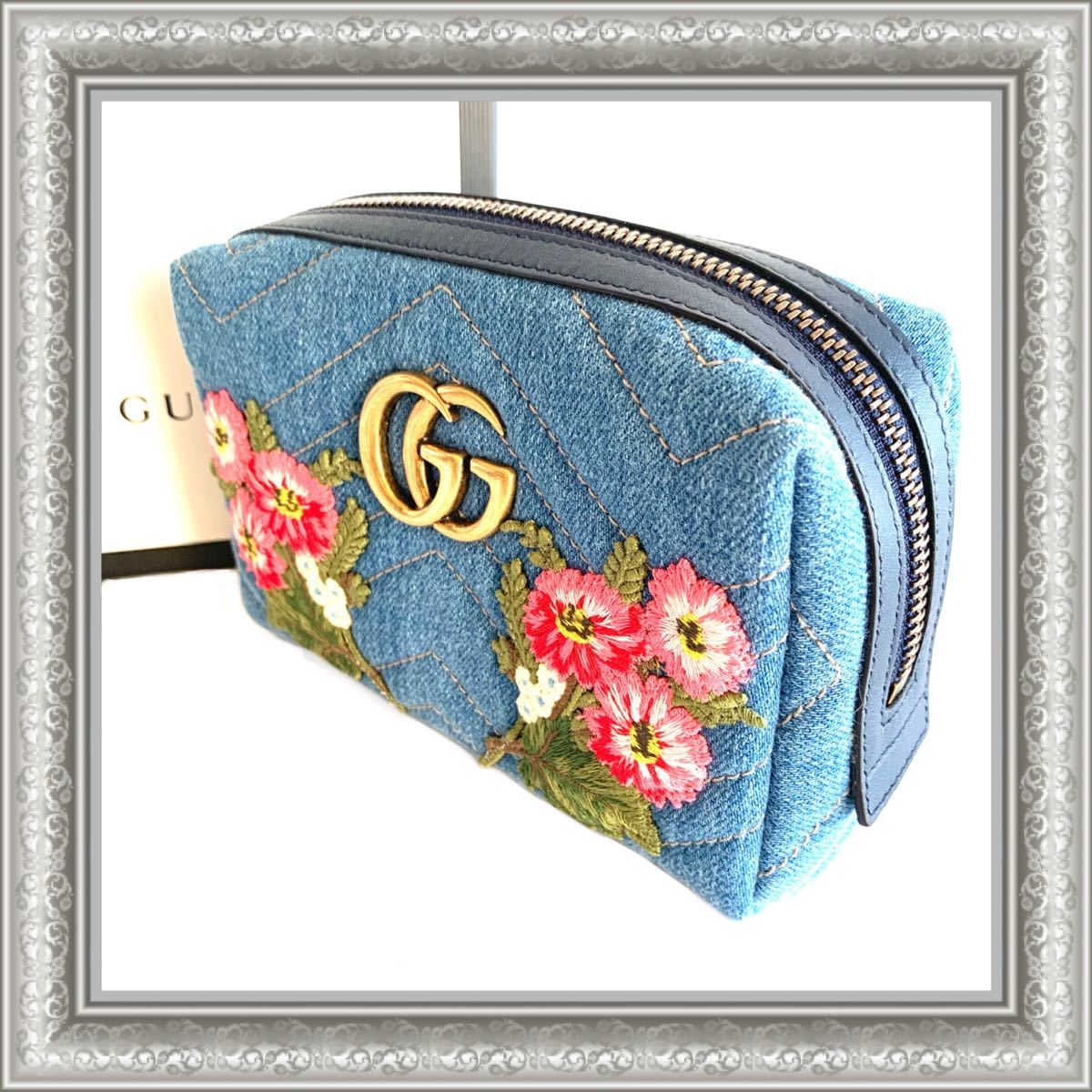 GUCCI グッチ ポーチ デニム インディゴブルー GGマーモント フラワー
