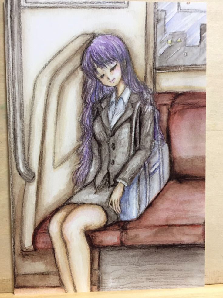 オリジナル　手描き　イラスト　ポストカード　仕事帰りのかおり　OL 電車通勤 水彩画　複製 【あおきしずか】_画像1