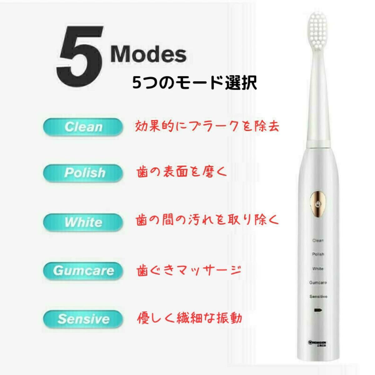 電動歯ブラシ セット ホワイト 5つのモード切替 ブラシヘッド4本付き 替えブラシ 防水  USB充電 歯ブラシ 高速振動 