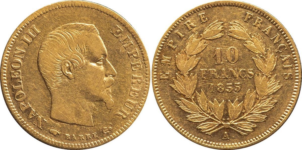 フランス　10フラン金貨　1855年A　美品　ナポレオン3世無冠_画像1
