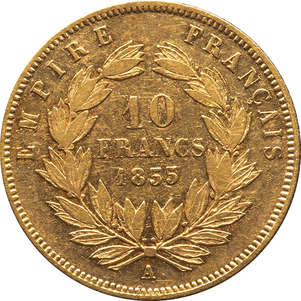 フランス　10フラン金貨　1855年A　美品　ナポレオン3世無冠_画像3