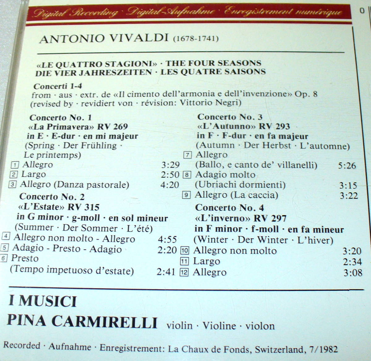 D1■ヴィヴァルディ 四季 Vivaldi :Le Quattro Stagioni / The Four Seasons*I MUSICI/ *イ・ムジチ合奏団/西独盤/1982年 D1■ヴィヴァルディ 四季 Vivaldi :Le Quattro Stagioni / The Four Seasons*I MUSICI/ *イ・ムジチ合奏団/西独盤/1982年