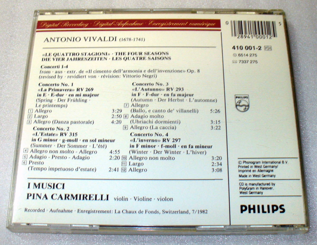 D1■ヴィヴァルディ 四季 Vivaldi :Le Quattro Stagioni / The Four Seasons*I MUSICI/ *イ・ムジチ合奏団/西独盤/1982年 D1■ヴィヴァルディ 四季 Vivaldi :Le Quattro Stagioni / The Four Seasons*I MUSICI/ *イ・ムジチ合奏団/西独盤/1982年