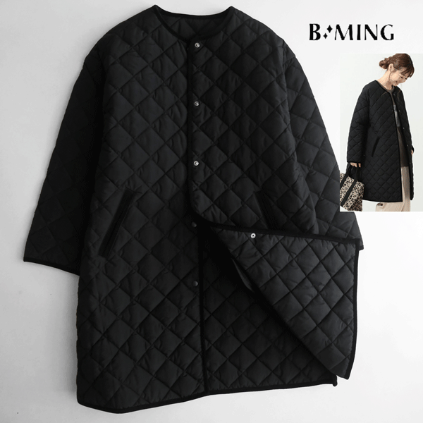 新品B:MING by BEAMSビームス■上質ダイヤキルティング中綿ロングコート黒M_画像1