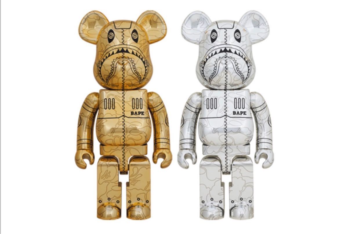 BE@RBRICK SORAYAMA BAPE CAMO SHARK 1000％ GOLD SILVER セット ベアブリック ベイプ エイプ カモ シャーク 空山基 メディコムトイ_画像1