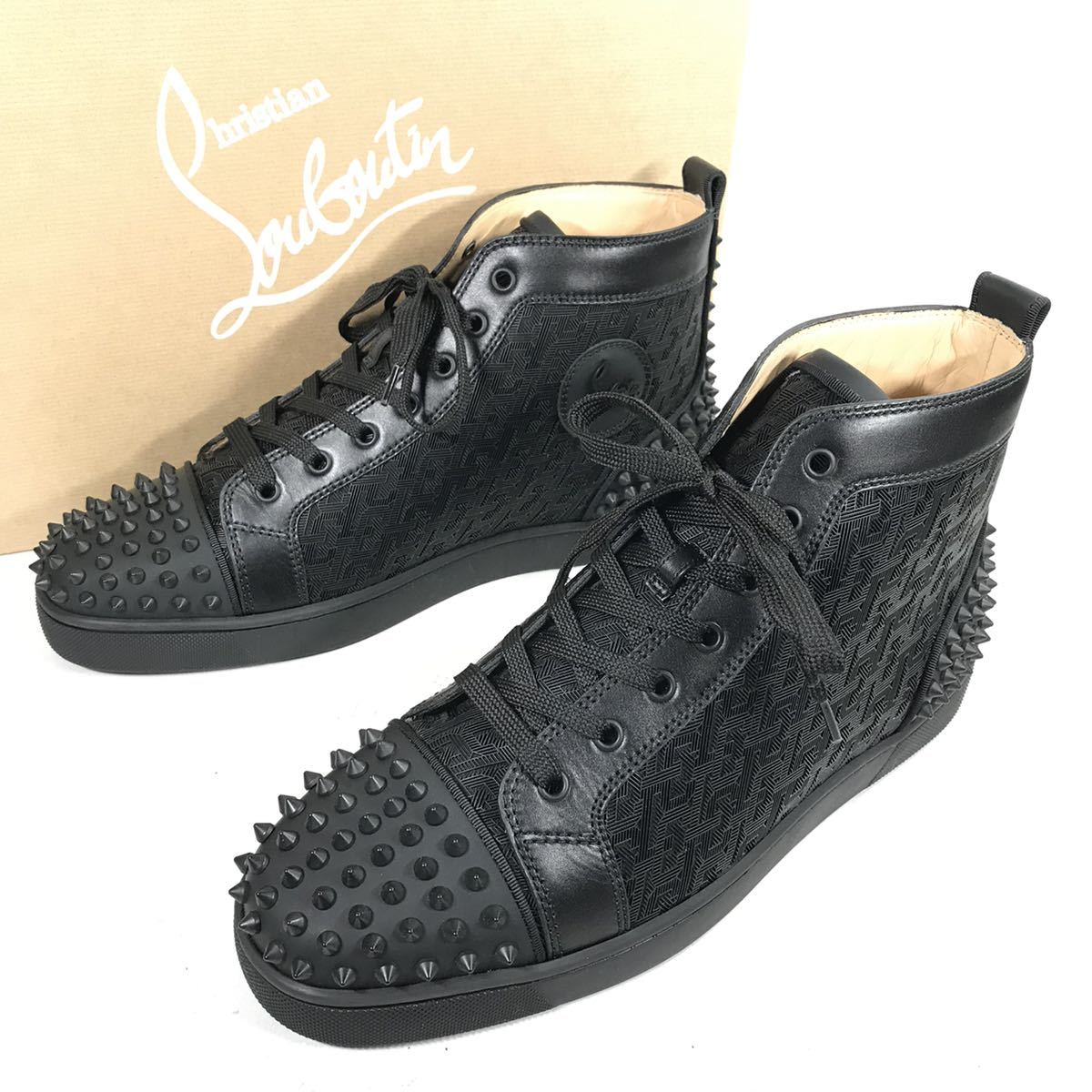 未使用品【ルブタン】本物 Louboutin 靴 28.5cm 黒 スタッズ ハイカットシューズ スニーカー スパイク レザー 紳士 メンズ 伊製 43 1/2 箱