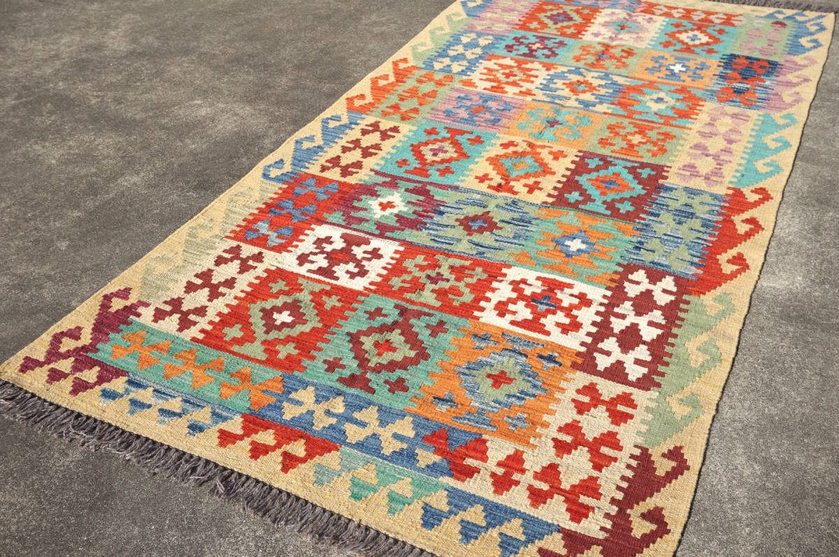 未使用品 アフガンキリム 201cm×100cm パステル系マルチカラー 未使用品 アフガンキリム 201cm×100cm パステル系マルチカラー