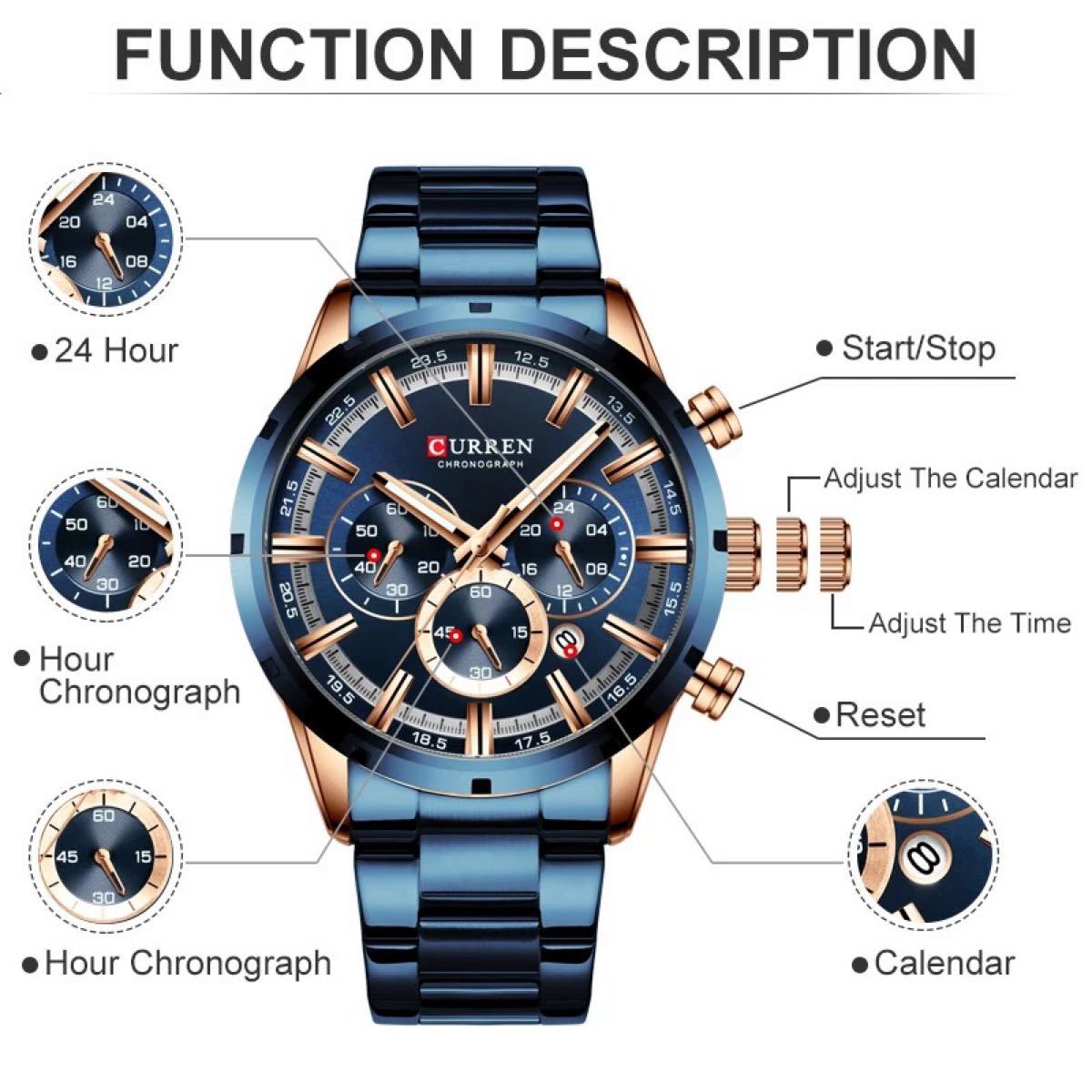 メンズ　シルバー　ブルー　腕時計　ステンレスクロノグラフ 海外ブランド クオーツ クロノグラフ ステンレススチール