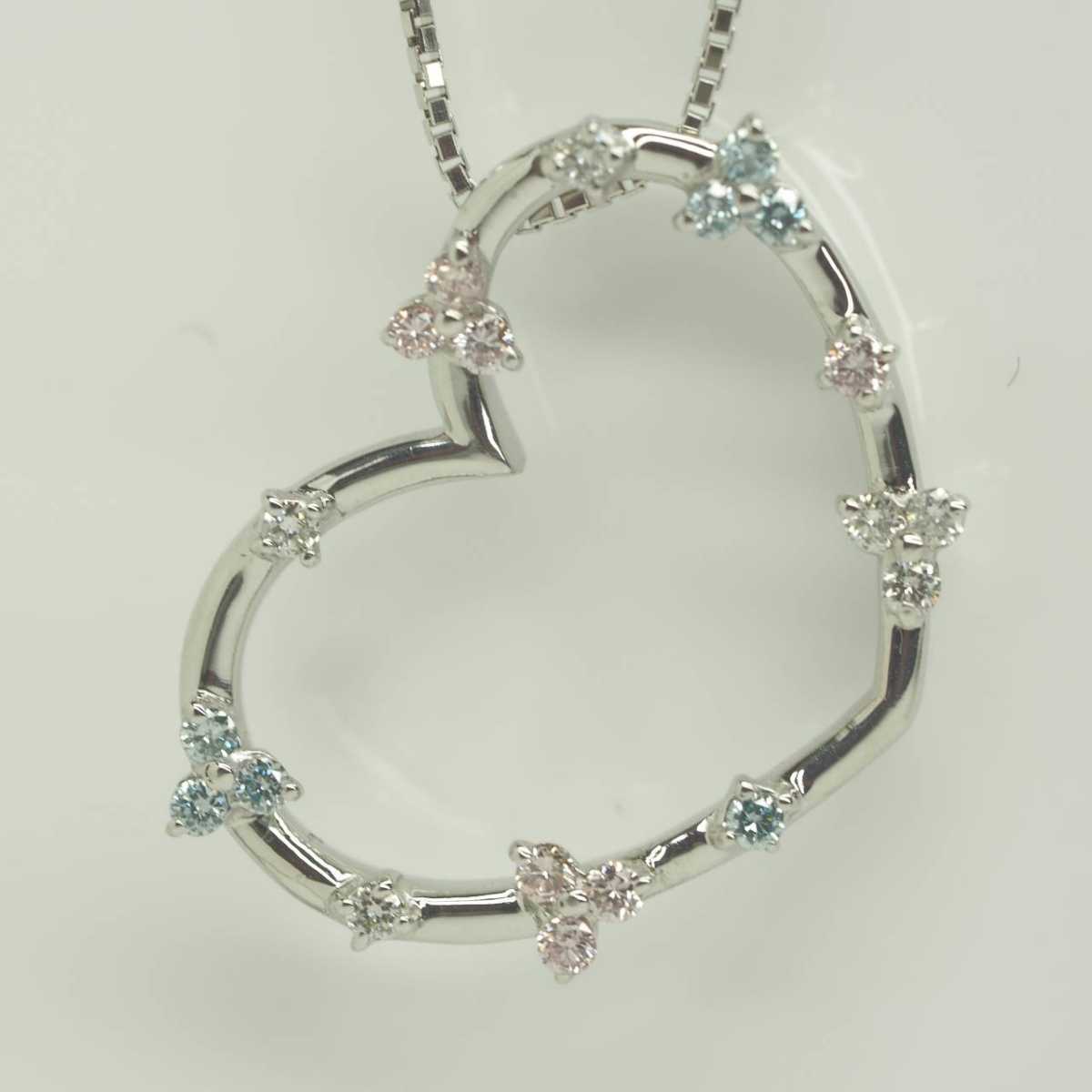27☆ピンク&ブルーダイヤモンドネックレス K18WG D0.20ct www