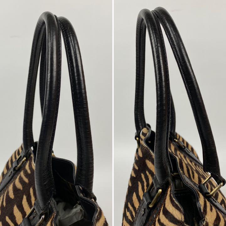 希少美品 FENDI フェンディ ハンドバッグ エトニコ ハラコ タイガー ズッカ柄 トラ柄 毛皮 ファー トートバッグ FF キャンバス レザー