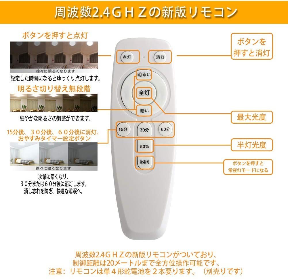 ★未使用★カバー欠品 LEDシーリングライト 6畳 24W 調光タイプ リモコン付き 昼白色 スリープタイマー 常夜灯モード メモリ機能_画像6