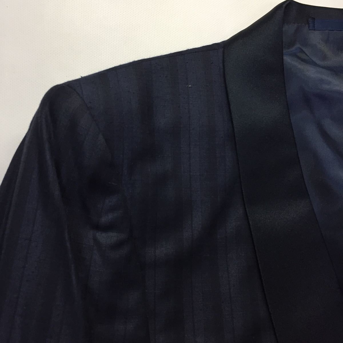  new goods super-discount tag attaching 70,000 jpy tuxedo jacket large size size A4 navy blue gradation stripe wool silk . wool 