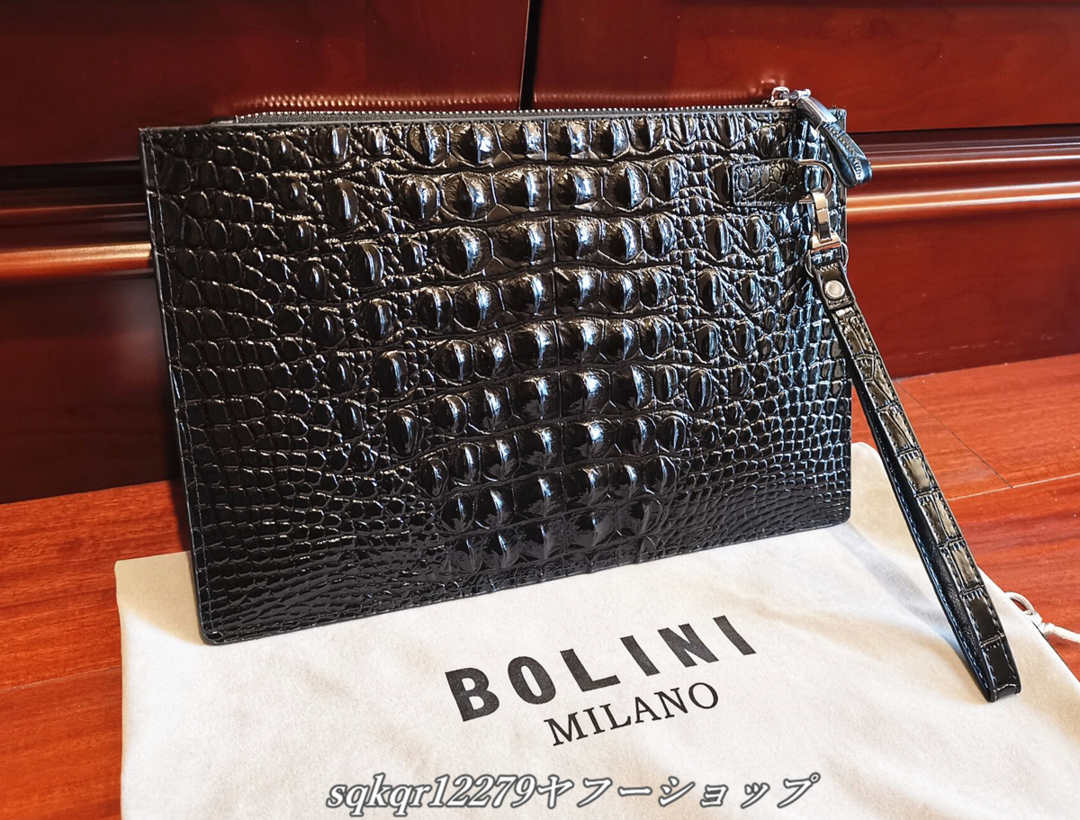 最上級逸品*15万・イタリア・ミラノ発*BOLINI/ボリニ・最上級牛革・クロコダイル*セカンドバック/ハンドバッグ・黒_画像8