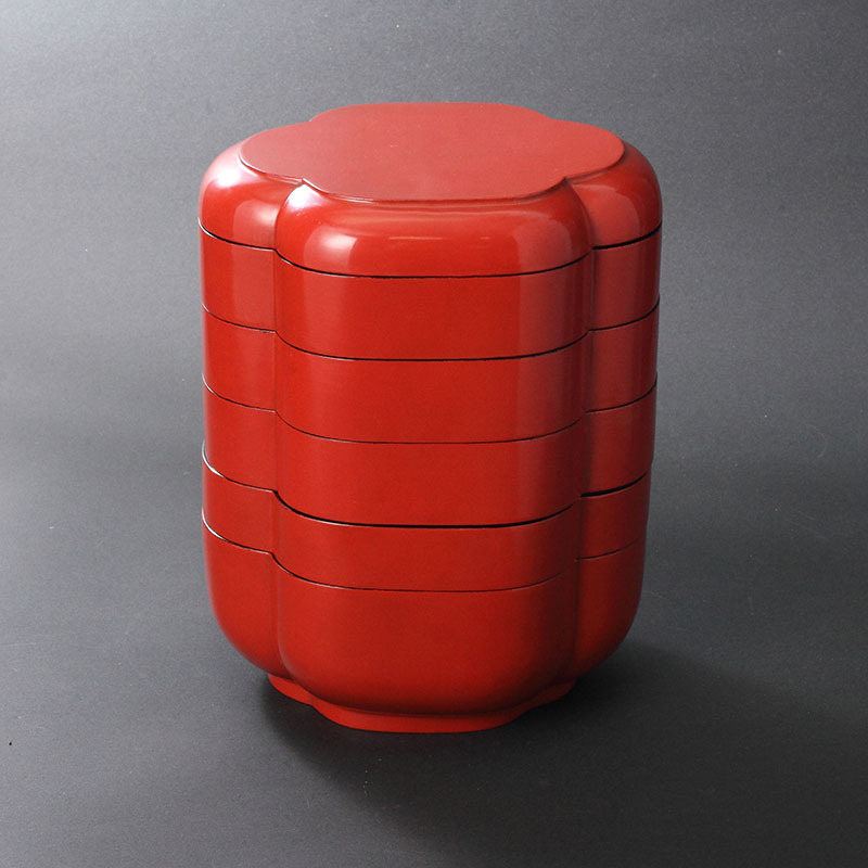 江戸後期◆朱塗木瓜形五段重（茶道具 漆芸 漆器 菓子鉢 喰篭 江戸時代）