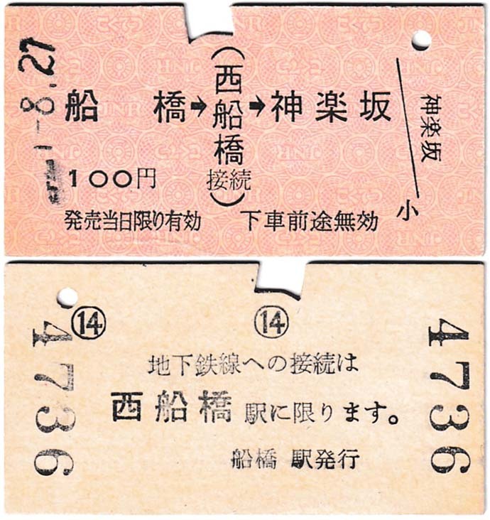 国鉄→私鉄への連絡切符　＃ｄ39　船橋から西船橋経由営団線への矢印式乗車券　船橋駅発行　昭和**年_お譲りするすべてです（表裏）