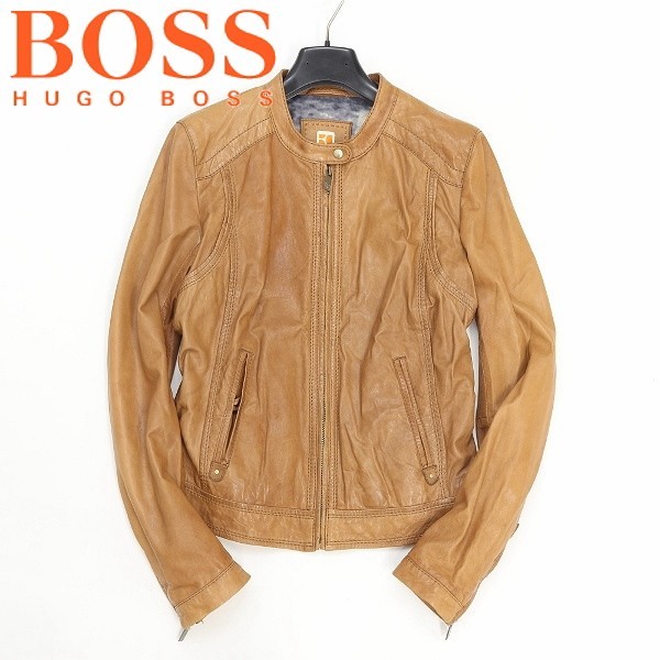 ◆BOSS ORANGE/ボス オレンジ ヒューゴボス 羊革 ラムレザー ジップアップ ライダース ジャケット キャメル 40_画像1