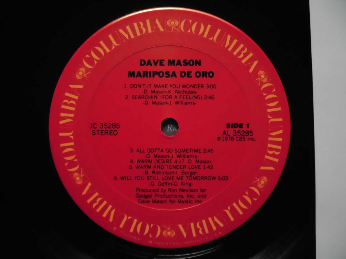 Dave Mason/Mariposa De Oro 　シンガー・ソングライター、ブリティッシュ・ロック・ギタリスト　1978年USオリジナル日本語ライナー付属_画像3