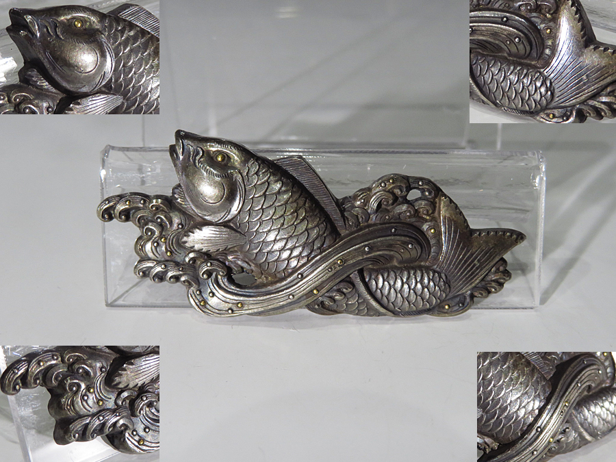 SHINNO 】金具Collector's item[2]：金工金象嵌鯉の滝登り銀表金具