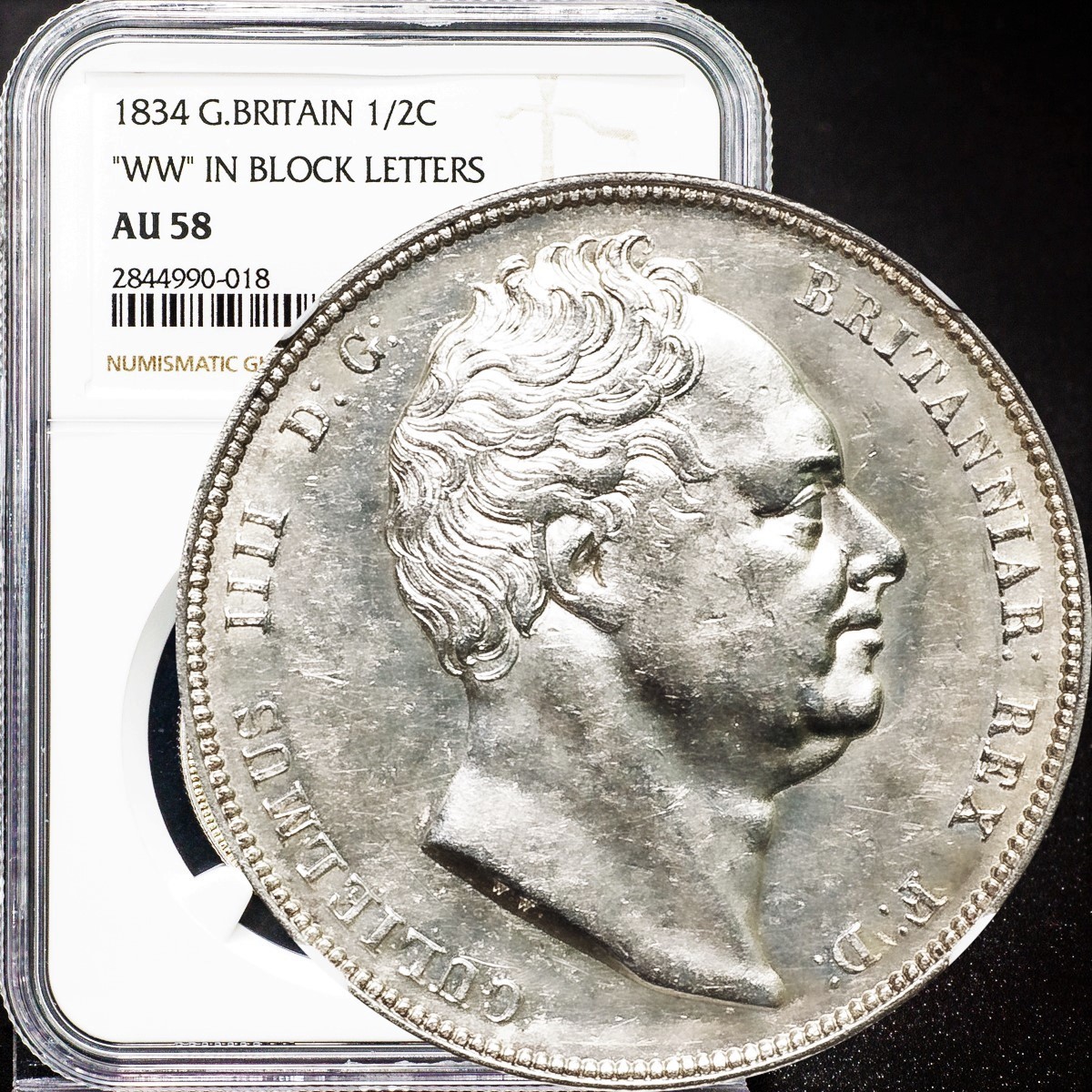 【ワイオンの芸術品】1834年 イギリス ウイリアム4世 1/2クラウン銀貨 NGC AU58 ハーフクラウン ワイオン アンティークコイン_画像1