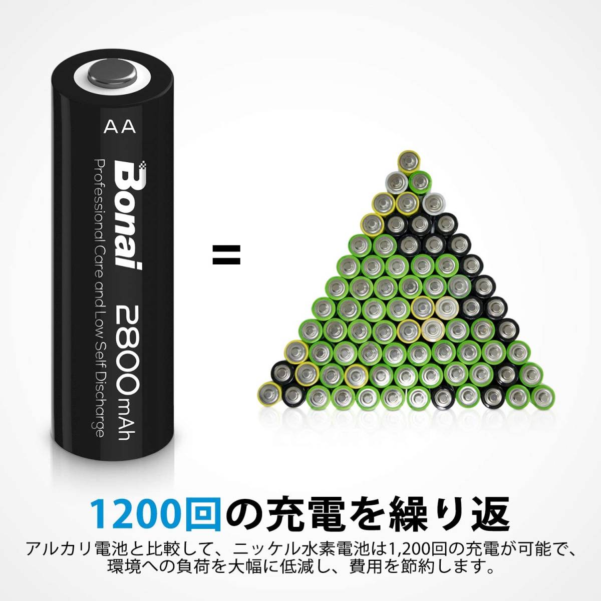 16個パック充電池 BONAI 単3形 充電池 充電式ニッケル水素電池 16個パック（超大容量2800mAh 約1200回使用可_画像2