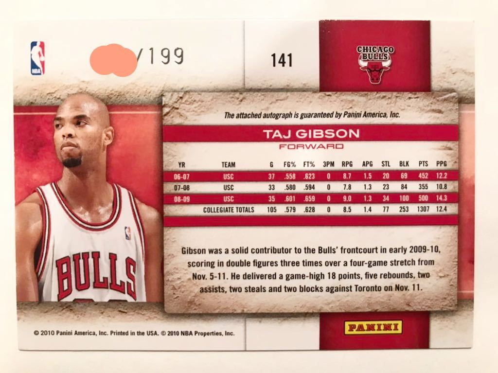 激レア初年度/199 RC Auto 09-10 Panini Taj Gibson タージ・ギブソン NBA ルーキー サイン バスケ ユニフォーム ブルズ Bulls Knicks_画像2