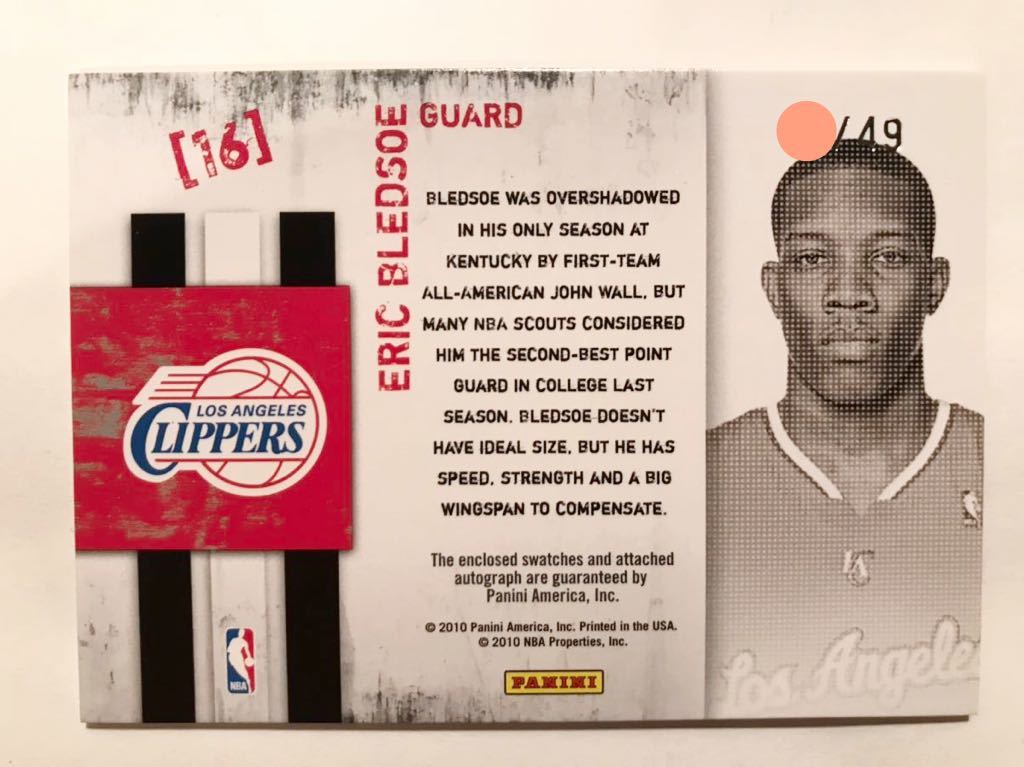 初年度/49 RC Auto Jersey 09-10 Panini Eric Bledsoe エリック・ブレッドソー NBA ルーキー サイン ユニフォーム Clippers All-defensive_画像2