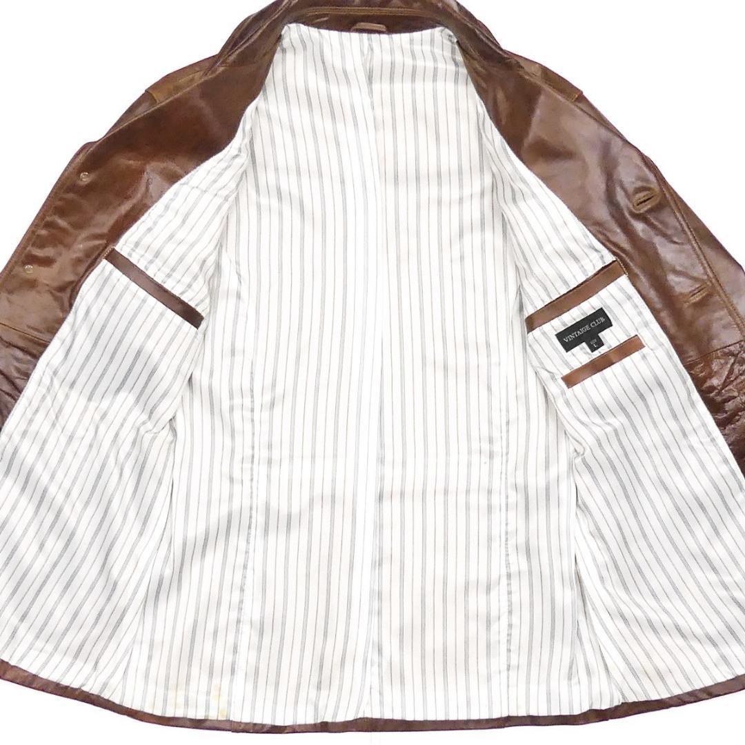 即決★VINTAGE CLUB★メンズL レザーコート ビンテージクラブ 茶 本革 ジャケット 本皮 革ジャン レザーハーフコート ストライプ