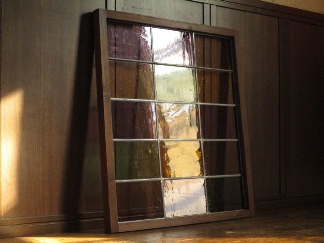  редкий замечательная вещь .. витражное стекло рамка-оправа имеется двери 675mm x 760mm/ стекло дверь / раздел промежуток / окно / Taisho / Showa Retro / лед стакан / цвет стекло / изделия из стекла / античный 