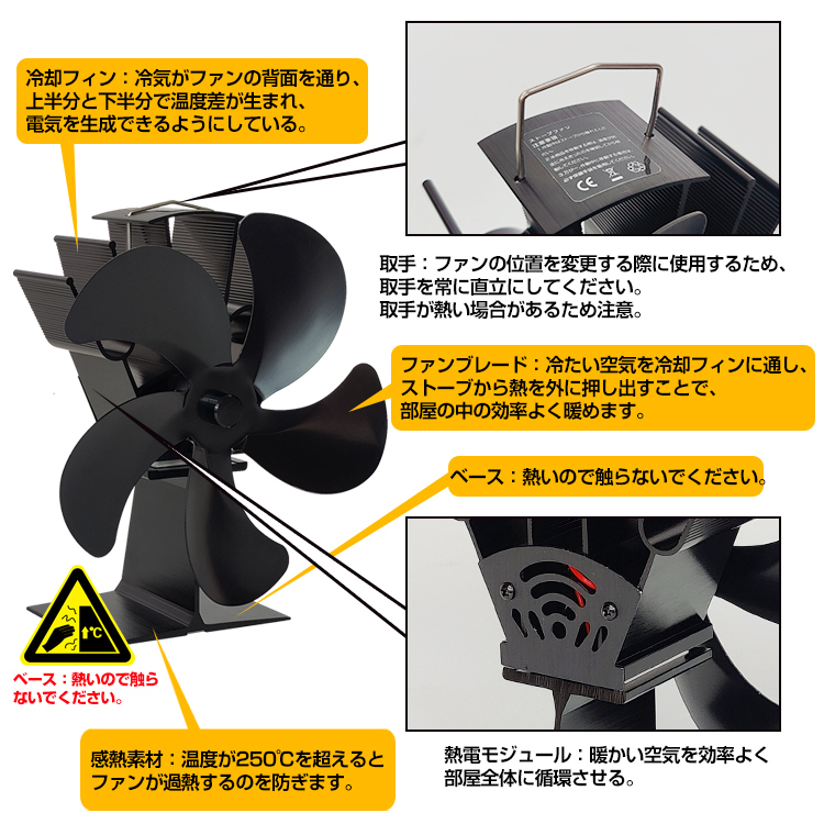 送料無料 ストーブファン 薪ストーブ 省エネ 空気循環 冬キャンプ 温風 電源不要 防寒 ストーブ エコ 静音 石油ストーブ アウトドア od501_画像9