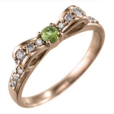 指輪 ダイヤモンド ペリドット リボン 8月誕生石 ピンクゴールドk18 ギフト ペリドット 人気ブランドの