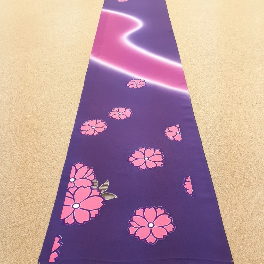 011404　正絹　紫色　ピンク色　花柄　シルク350cm　はぎれ　ハギレ　リメイク　ハンドメイド